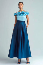 Himmelblau und Dunkelblau Schulterfreies A-Linie Abendkleid